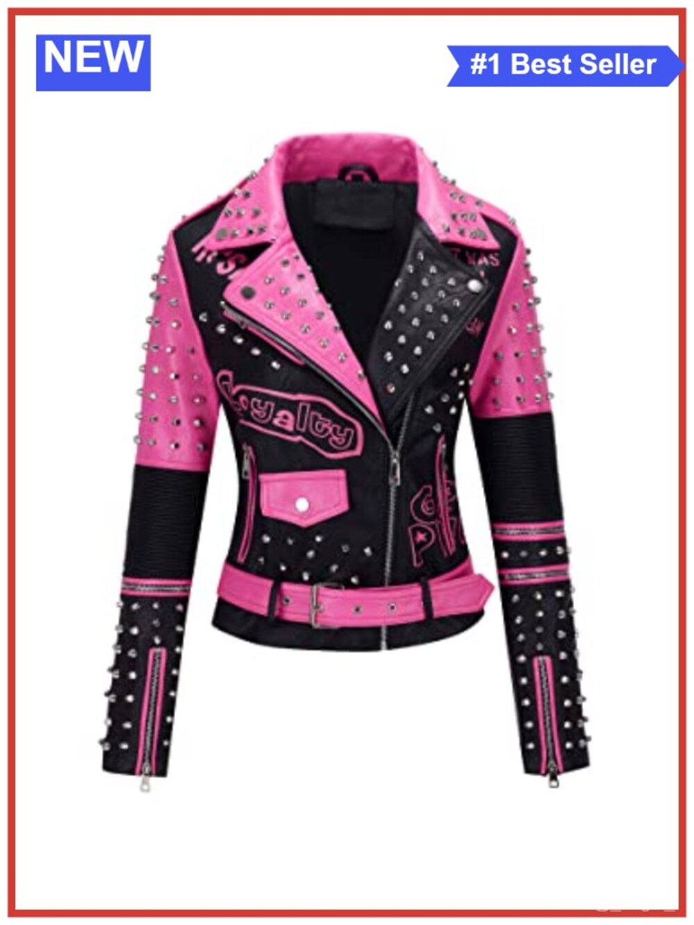 Women's Faux Leather Studded Moto Jacket Belted Short Streetwear